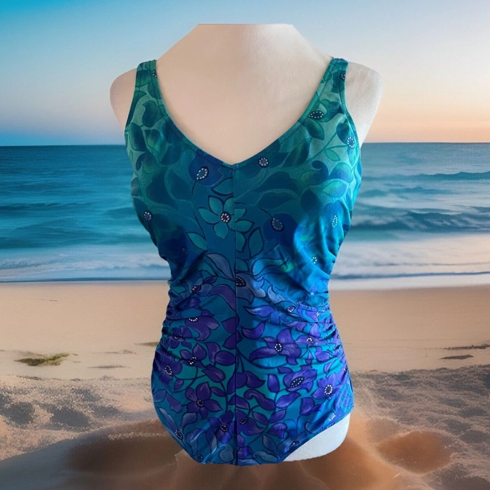 GOTTEX Vintage One-Piece Swimsuit Blues & Aquas Floral Sz 14 Made In Israel